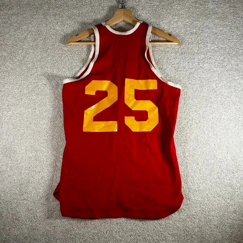 Vintage 80s red and yellow poly/rayon blend track and field tank top